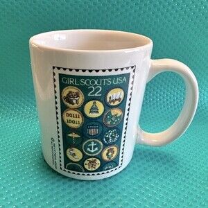 Vintage Hand Painted Girl Scouts USA Coffee Mug US Postal Stamp of Badges1987